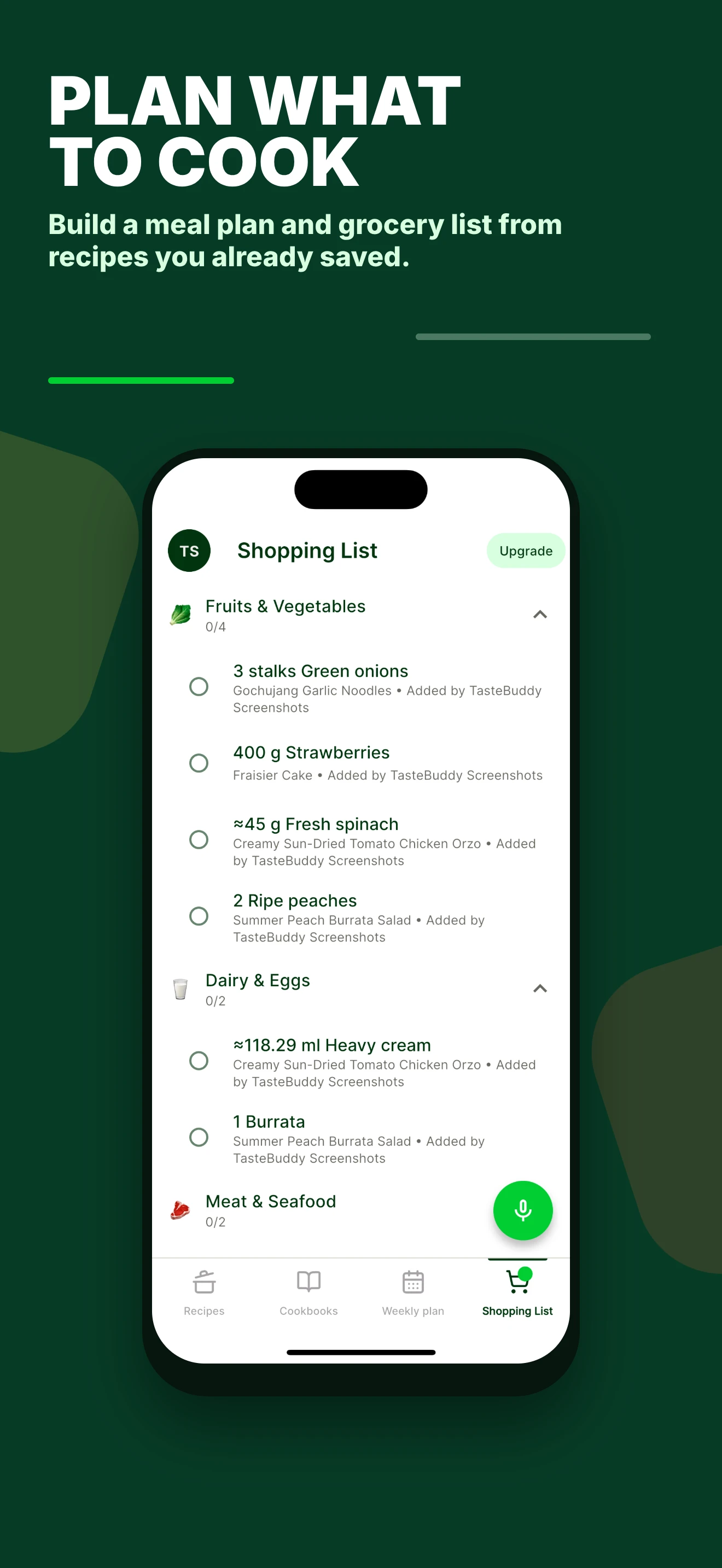 Meal plan and grocery list made from saved recipes in TasteBuddy