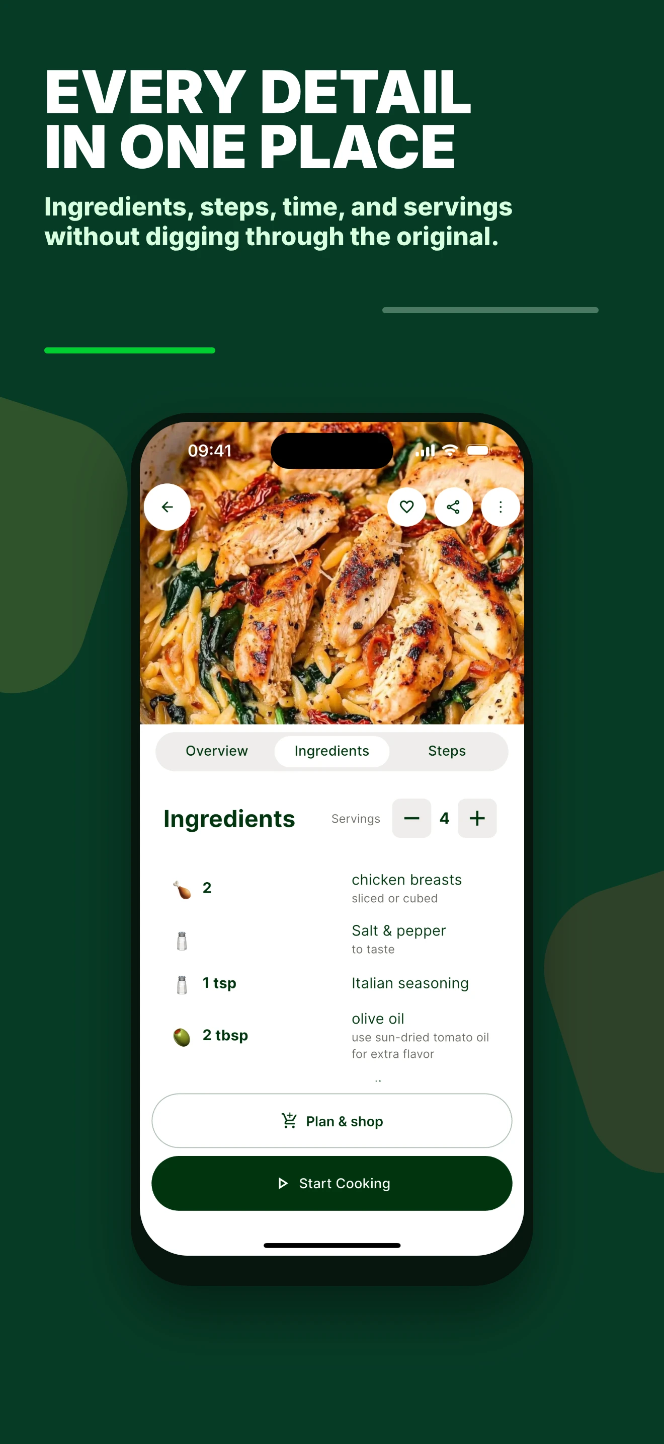TasteBuddy recipe card with ingredients, steps, time, and servings