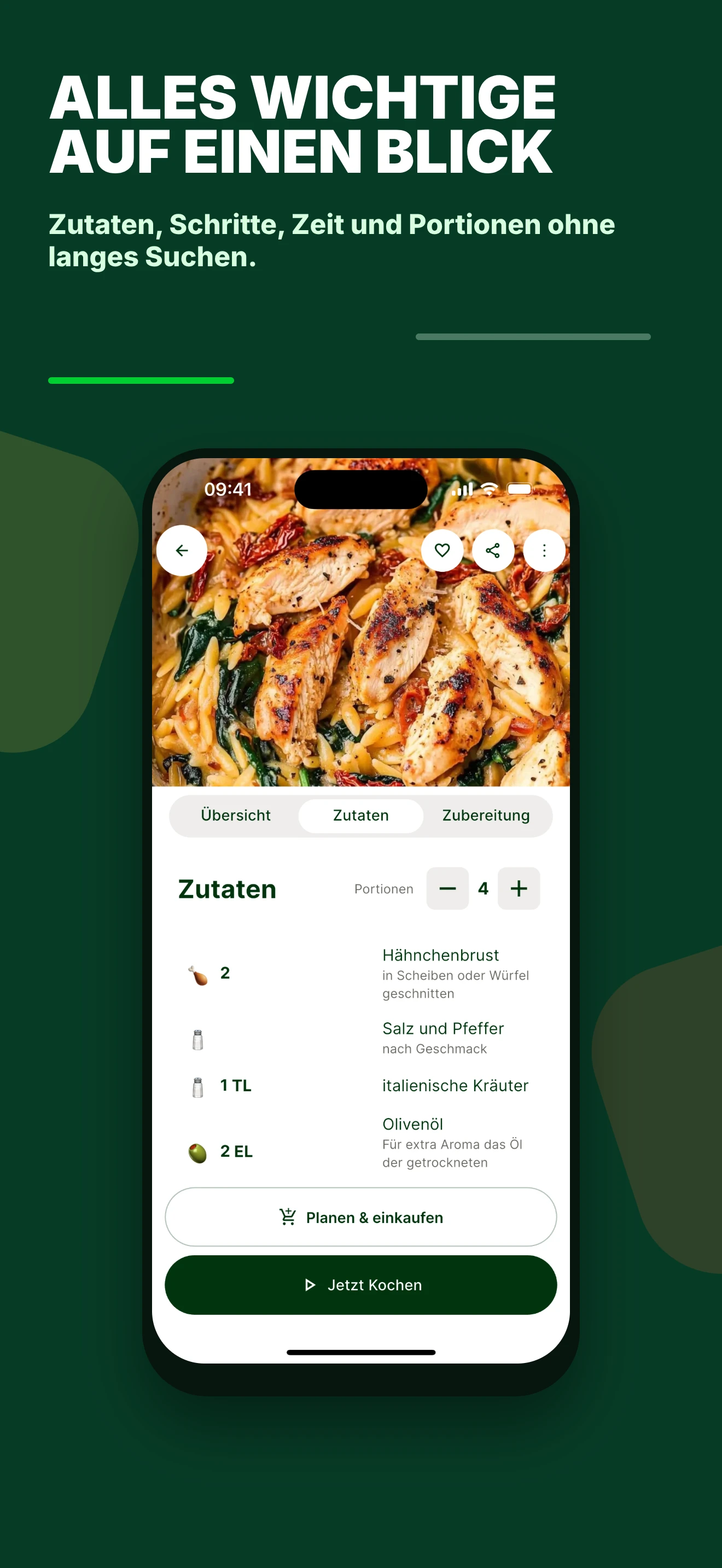 TasteBuddy Rezeptkarte mit Zutaten, Schritten, Zeit und Portionen