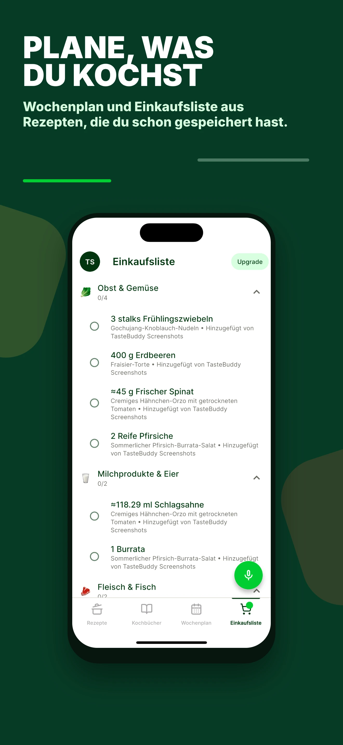Wochenplan und Einkaufsliste aus gespeicherten Rezepten in TasteBuddy